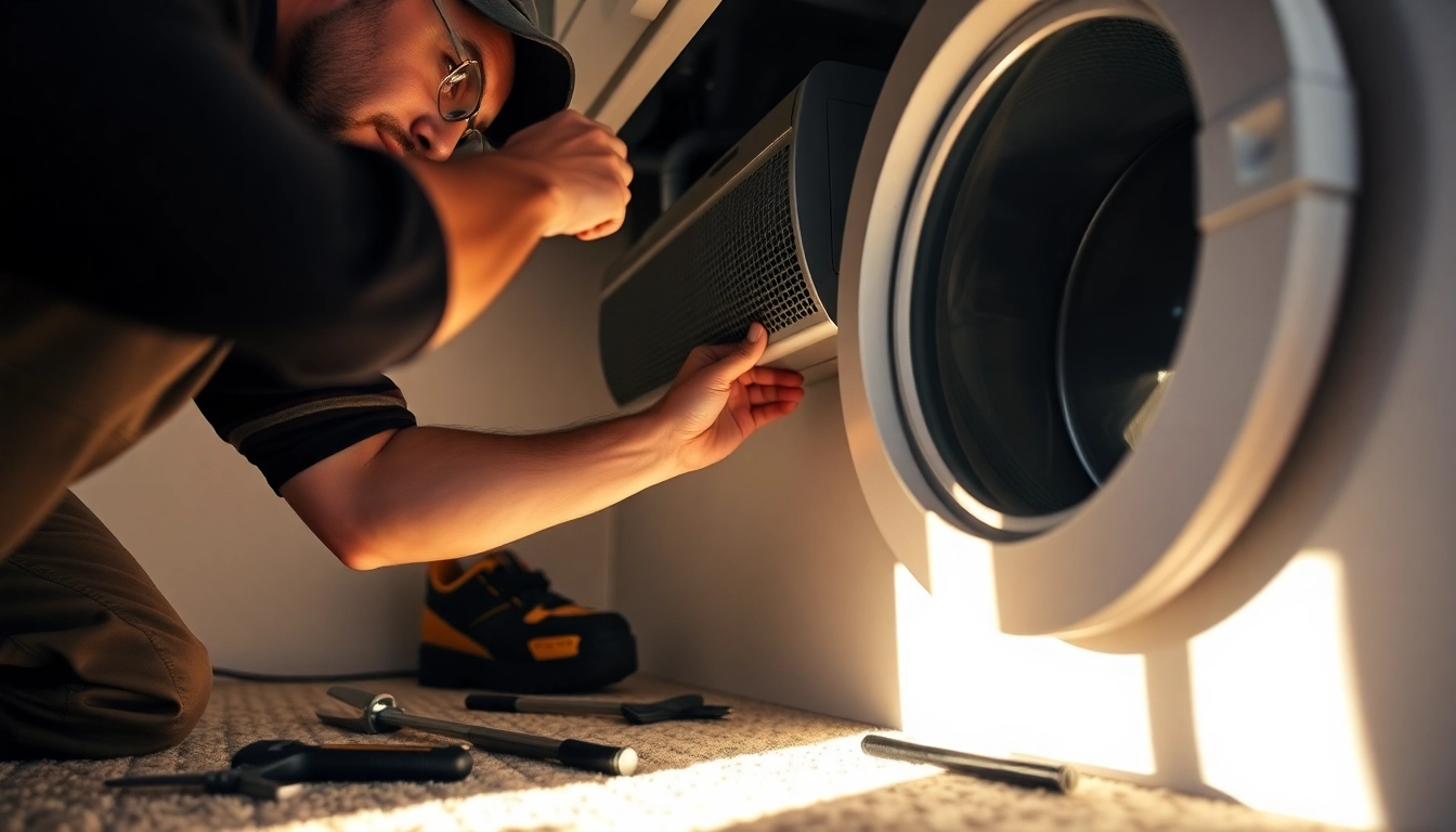 Technician performing dryer vent cleaning salt lake city, utilizing equipment for efficient service.