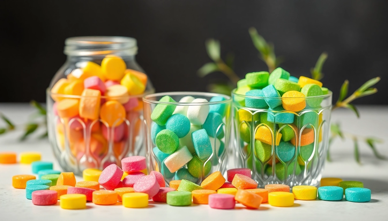 Showcasing bulk 7oh tablets in decorative jars, highlighting their vibrant colors and textures.