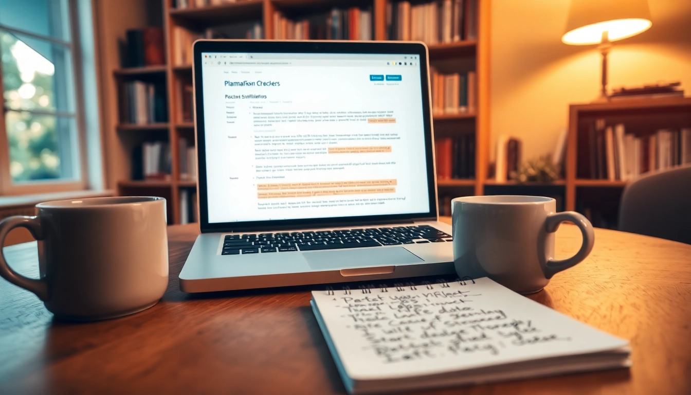Utilize the plagiarism checker tool displayed on a laptop screen in a cozy study.