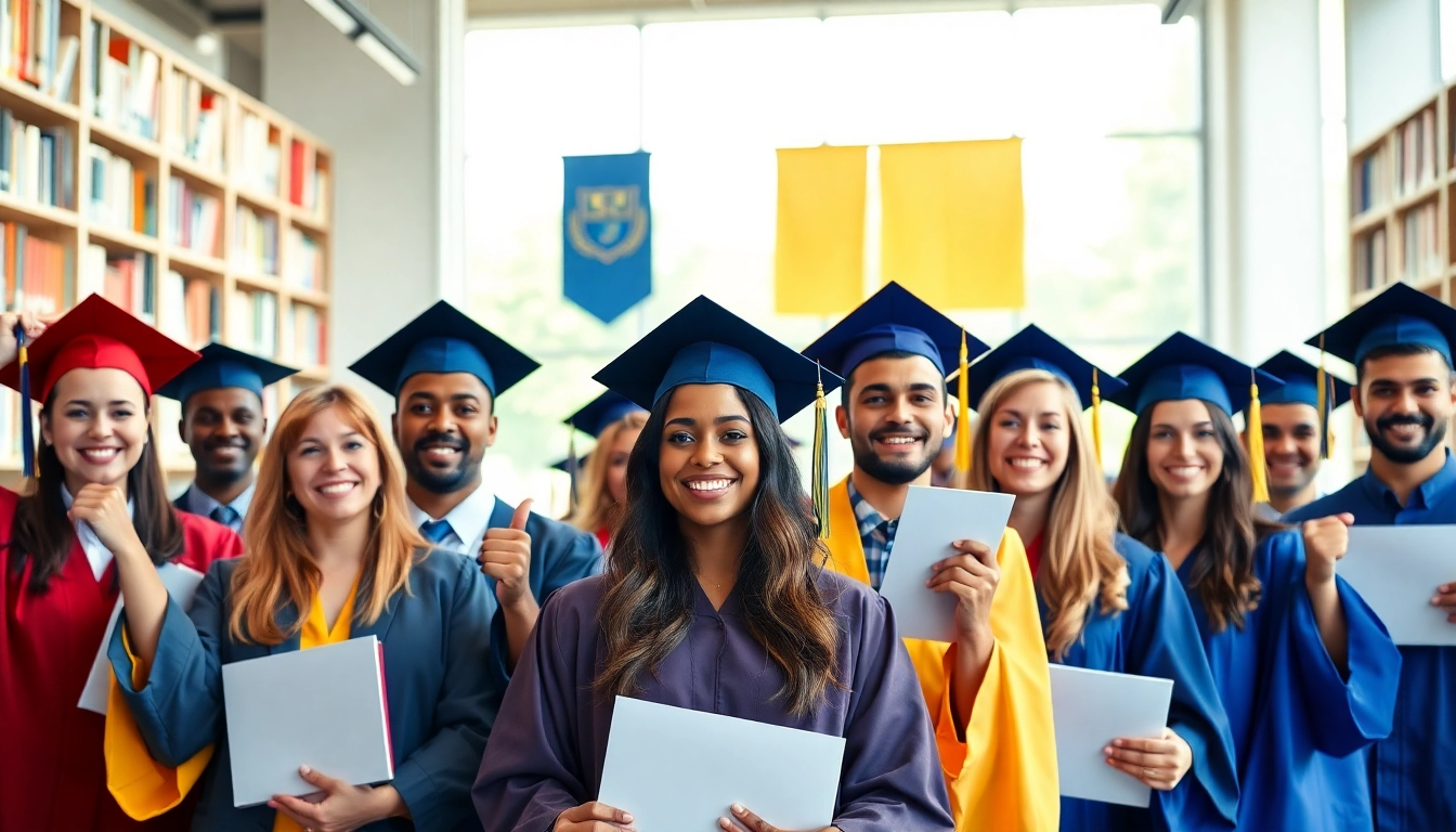 Buy master degree UK graduates celebrating success in a modern university.