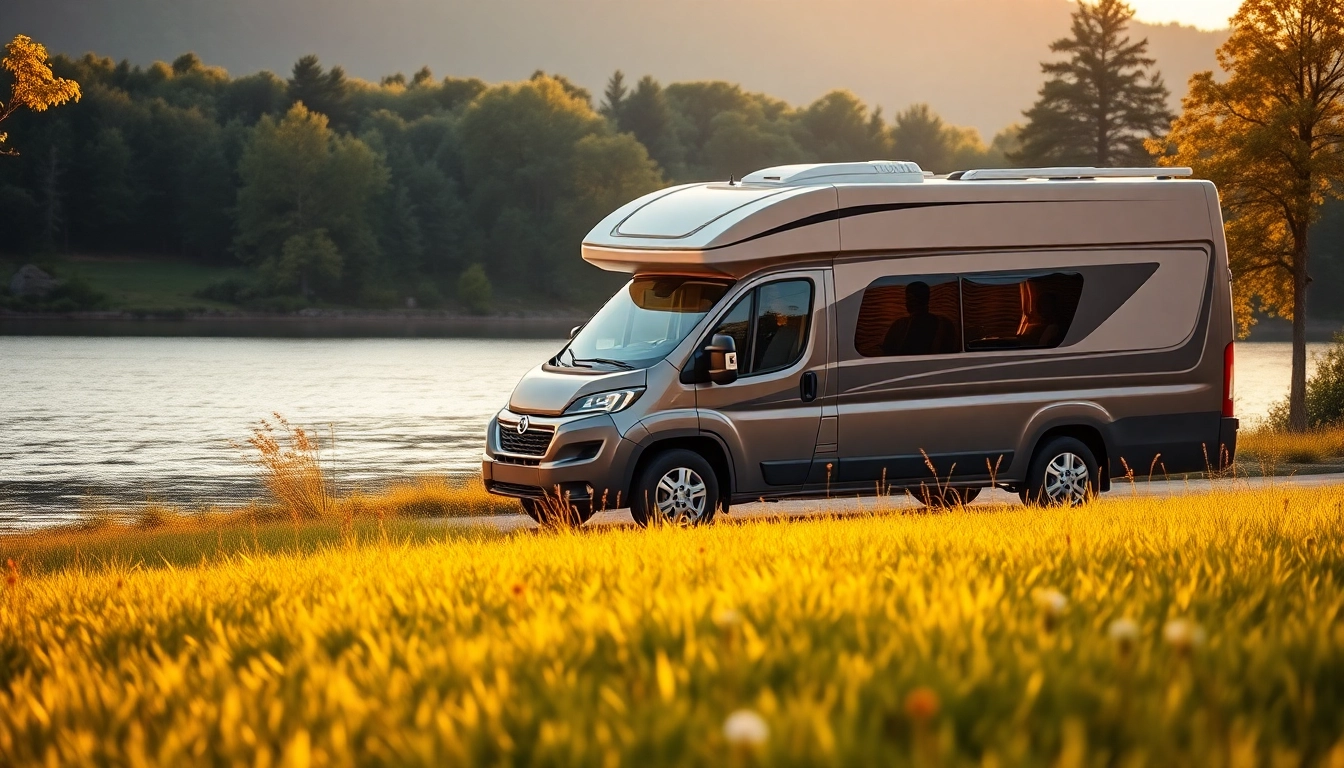 Relaxing camper van by a tranquil lakeside, surrounded by nature's beauty.