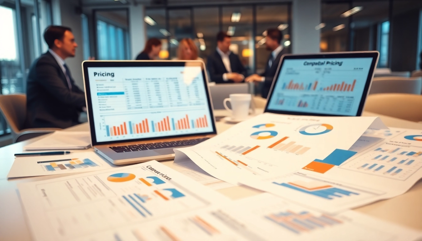 Visual representation of competitor pricing research analysis with detailed charts and a focused team.