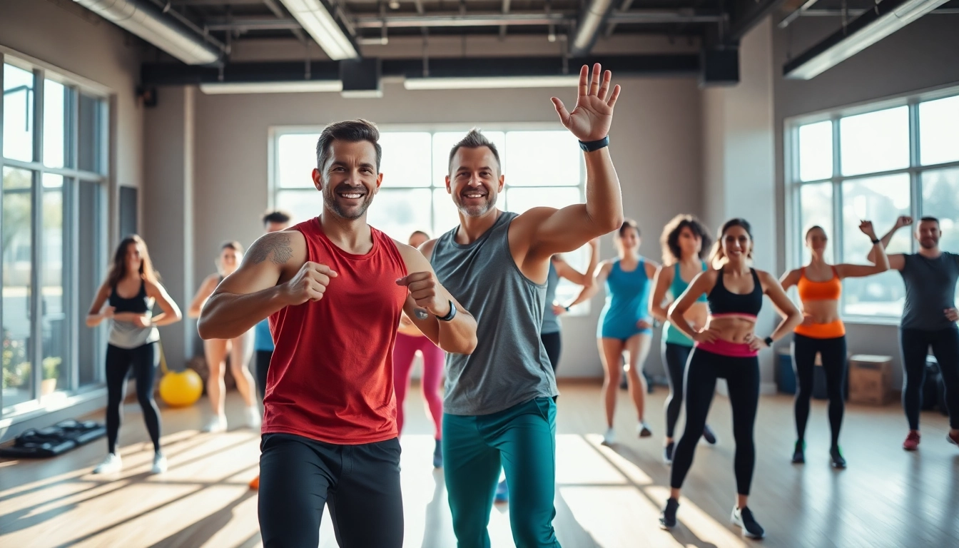 Engaging gym group training session showing diverse participants working out together.