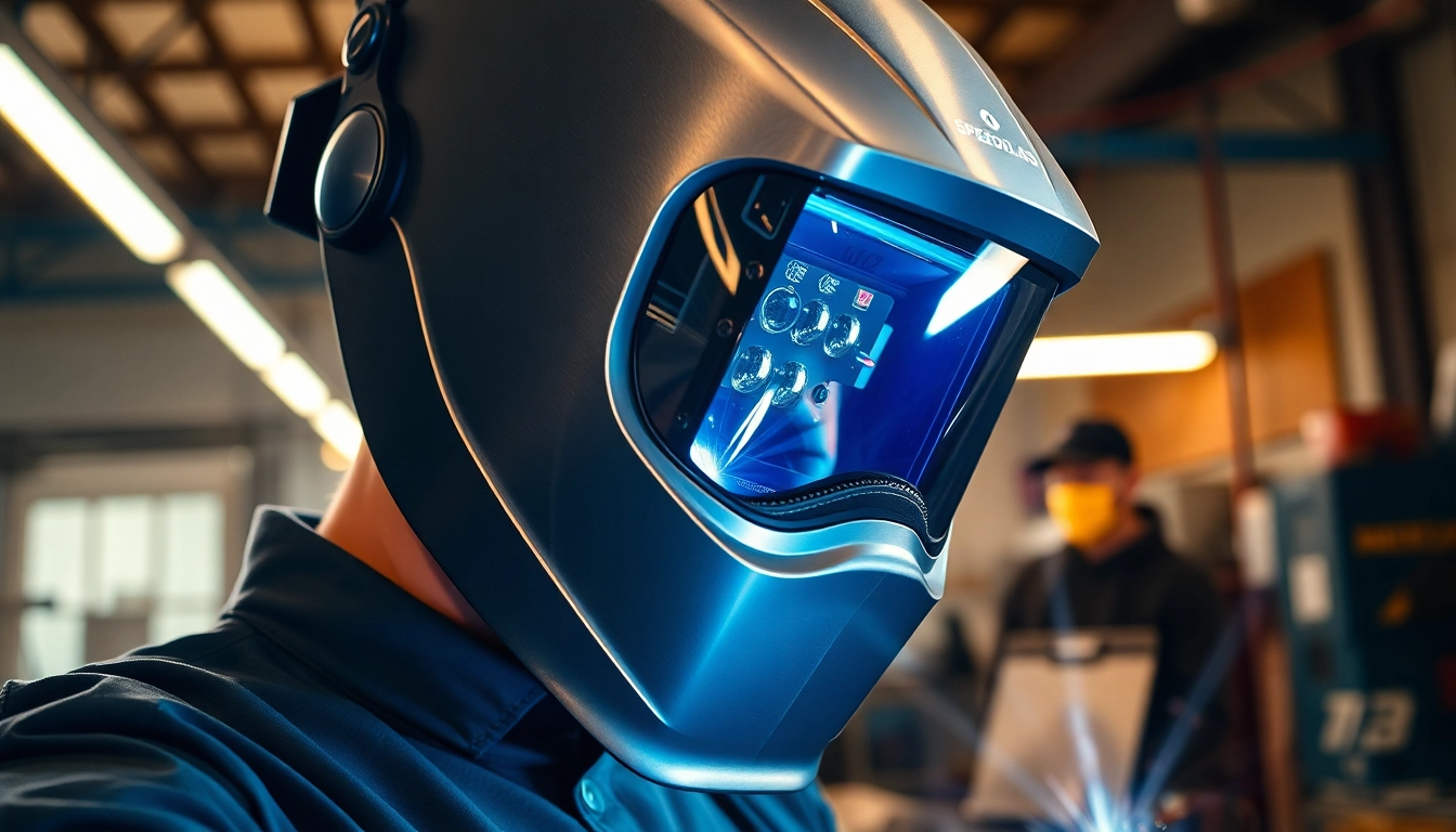 Welder using a Speedglas welding helmet, showcasing advanced technology in a workshop.