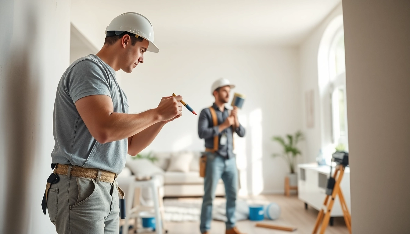 Drywall painting contractors near me working on interior repairs and painting in a sunlit living room.