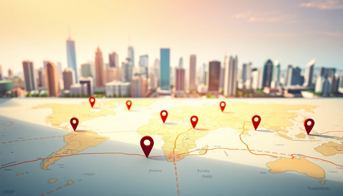 Visual representation of Locations marked on a detailed city map with vibrant colors and prominent city skyline.