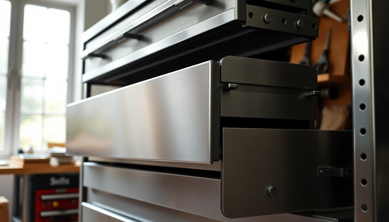 Highlighting a metal drawer system, emphasizing smooth design and durability in a modern workshop.