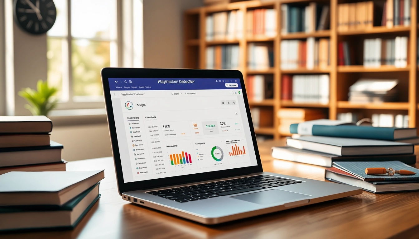 Showcase of a plagiarism detector tool on a laptop, surrounded by academic materials illustrating the importance of originality.