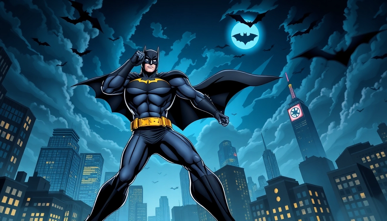 Menampilkan game batman138 dengan karakter superhero beraksi di tengah kota Gotham yang dramatis.