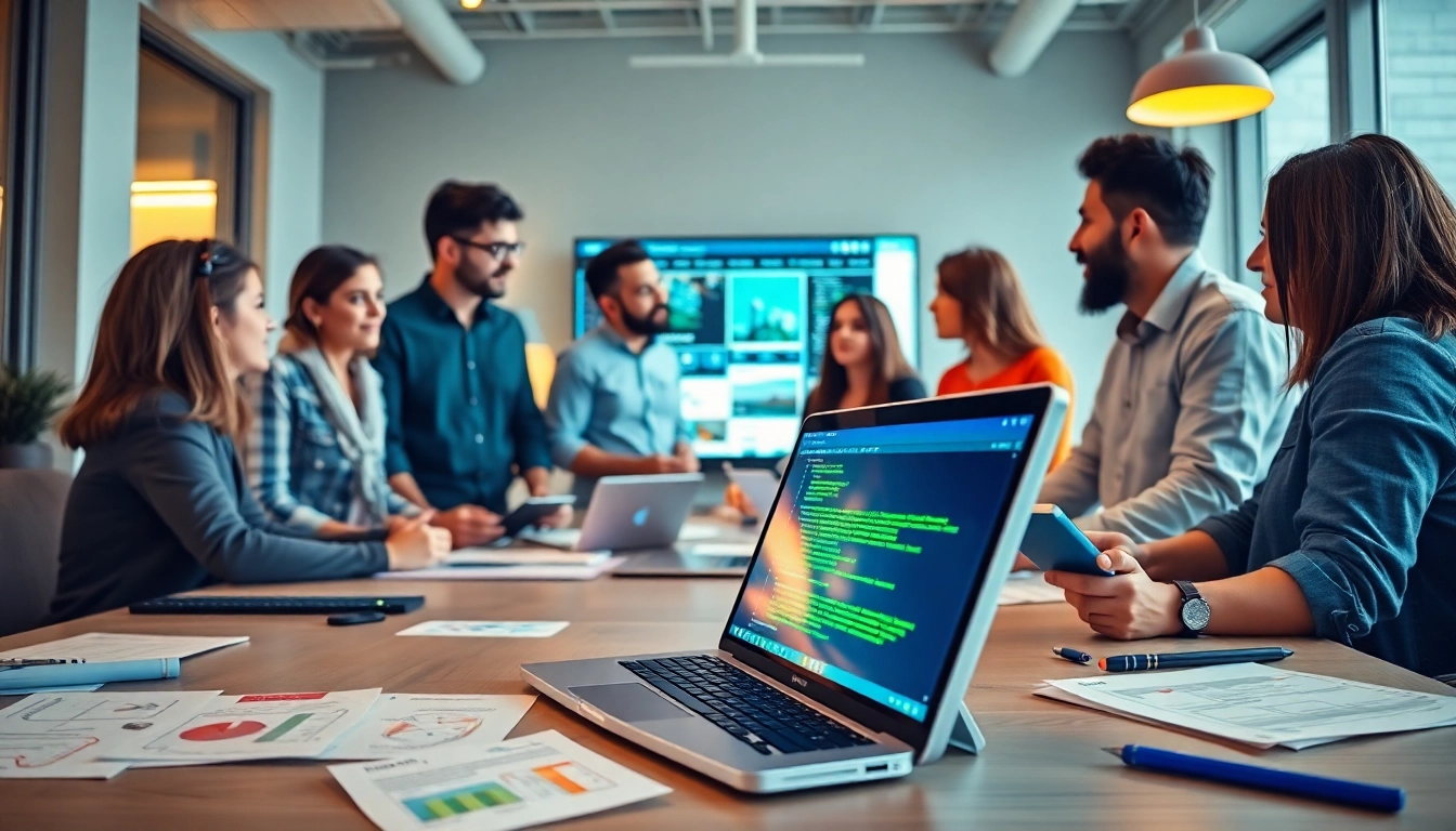 Collaborative web development team working on innovative projects in a modern office.