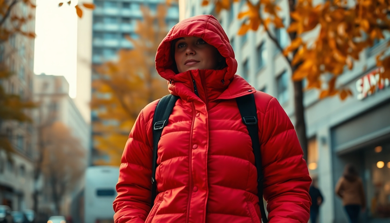 Show off a stylish jacket womens in autumn urban setting with vibrant colors and cozy atmosphere.