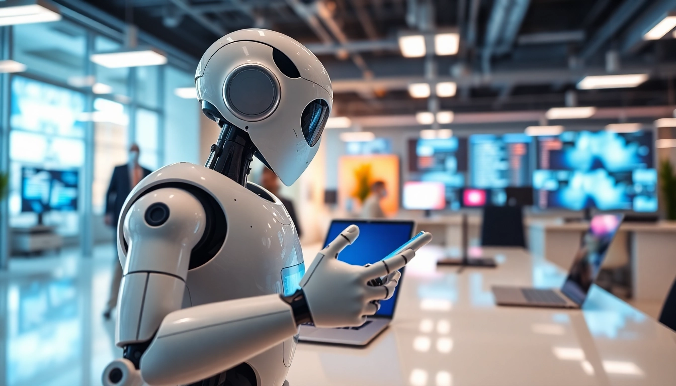Engaging AI bot for websites demonstrating interactive capabilities in a modern office setting.