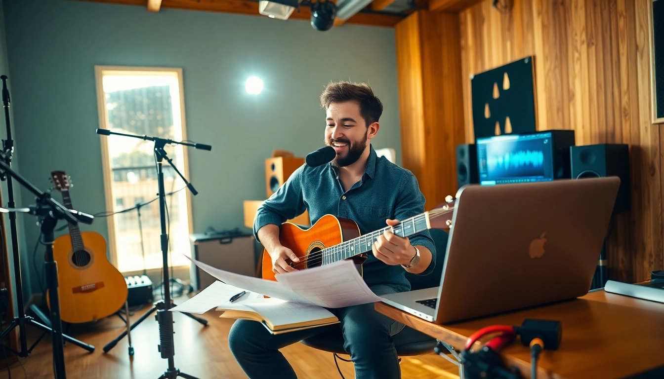 Engaging musician demonstrating music pitching skills in a creative studio environment.