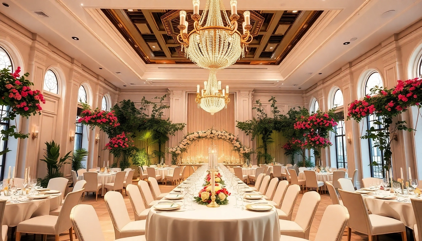 Capture a celebration setup at le prestige hall featuring elegant table arrangements.