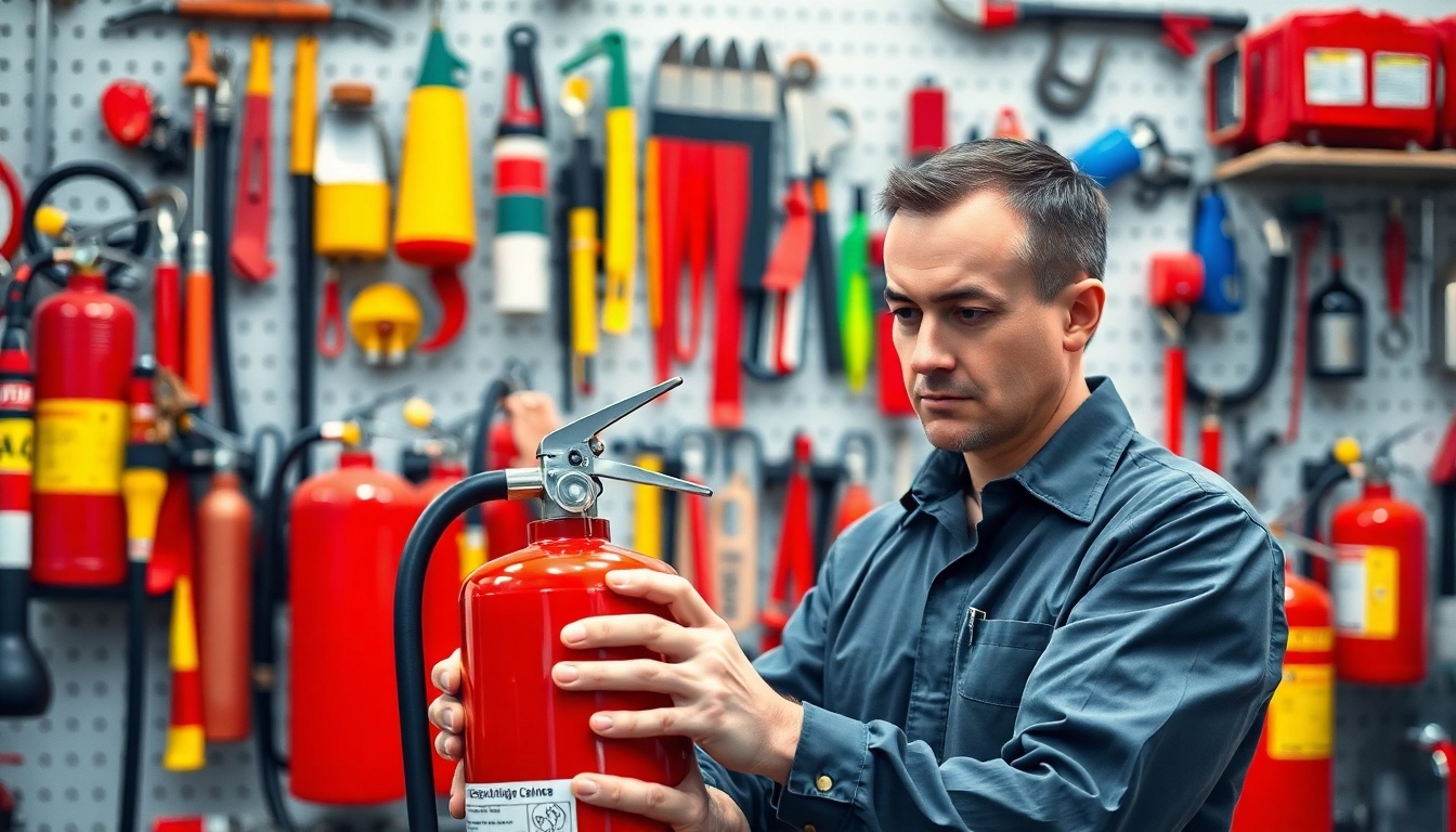 Technician conducting fire extinguisher servicing with surrounding safety equipment.