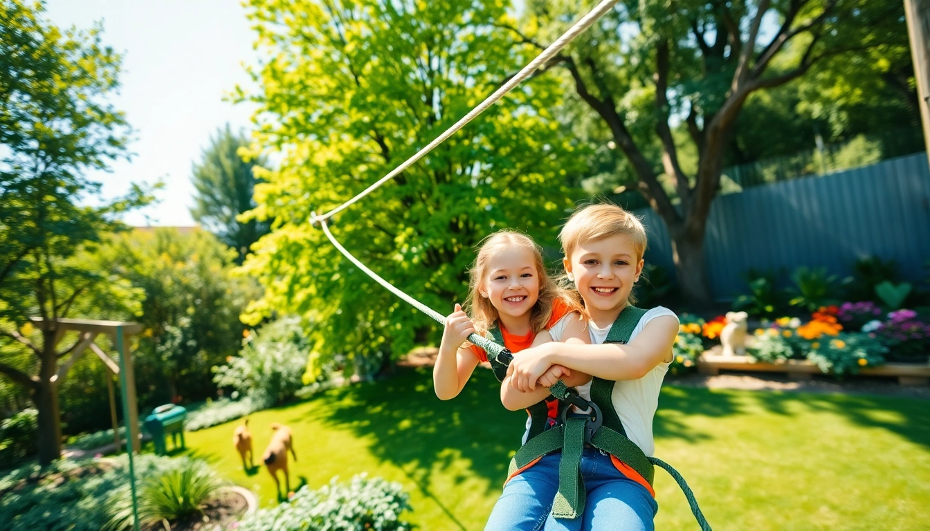 Captivating garden zip wire kit in action with children enjoying the ride in a vibrant setting.