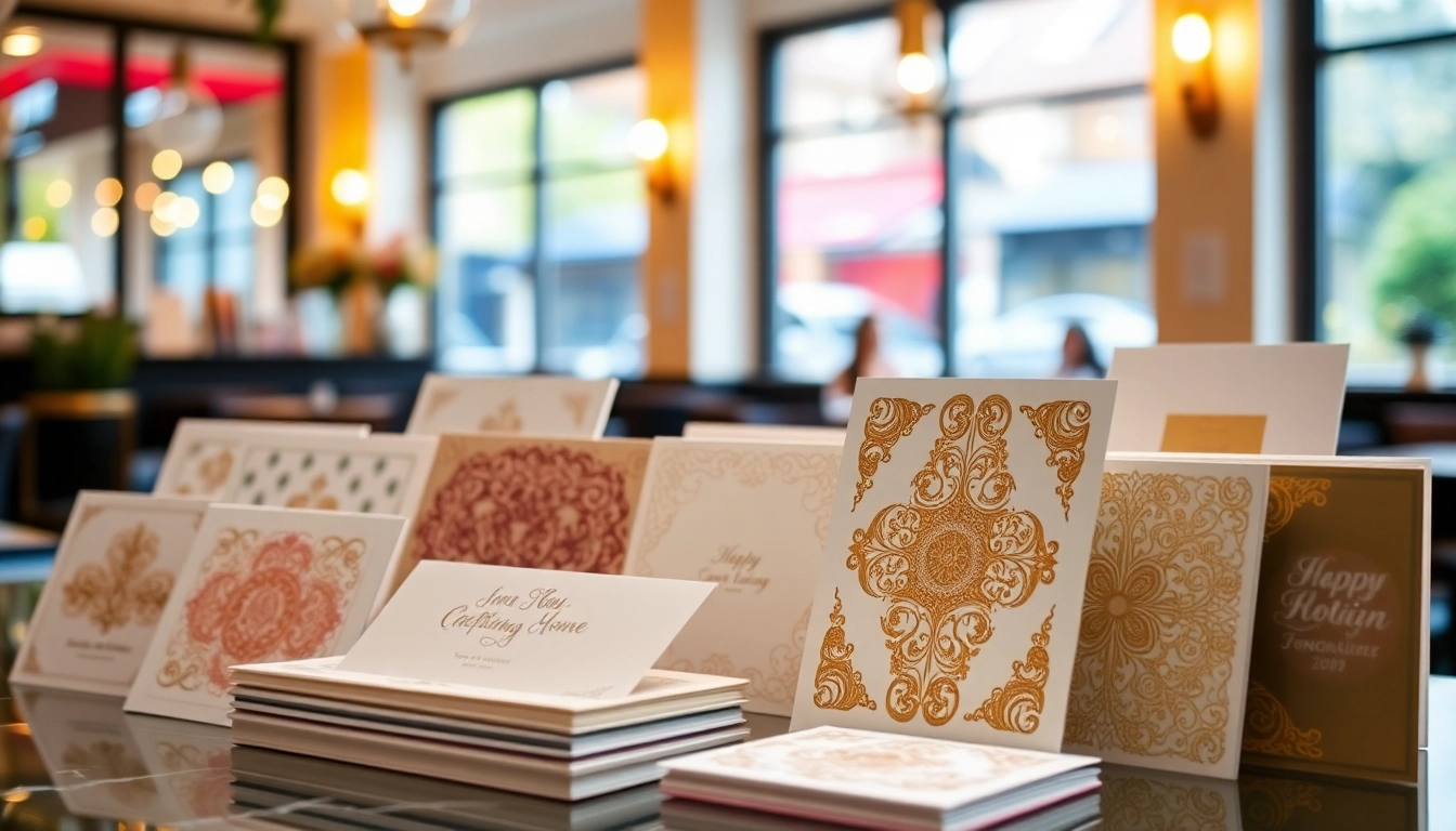 Explore premium greeting cards London featuring intricate designs and luxurious textures displayed in a modern setting.