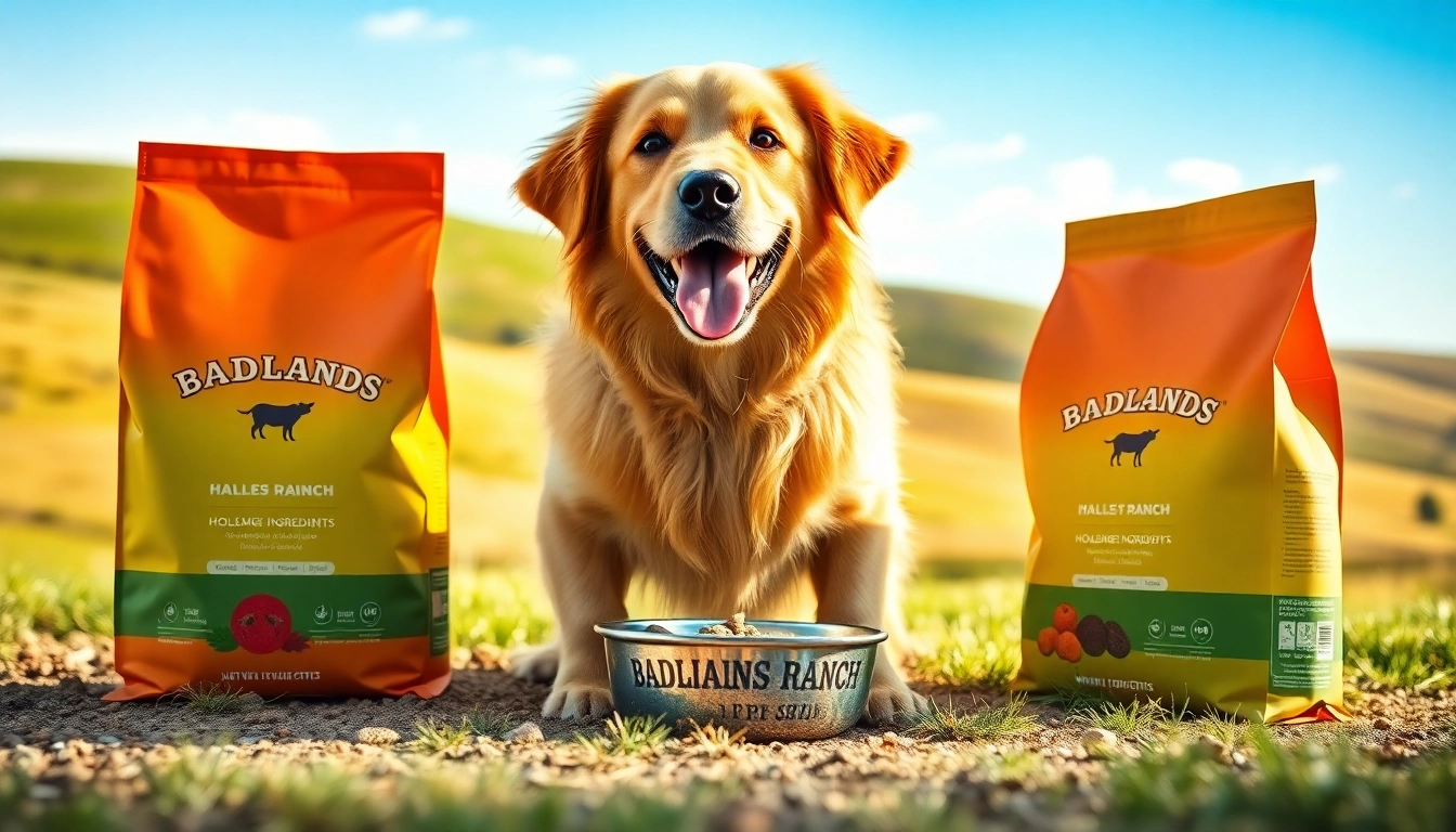 Golden retriever enjoying badlands ranch dog food in a vibrant outdoor setting with natural elements.