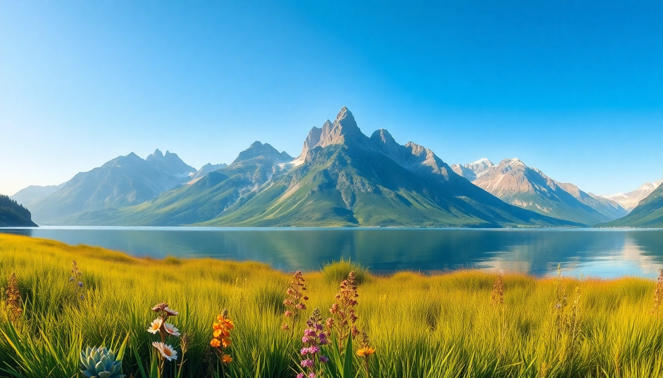 Admire captivating landscape paintings showcasing a serene lake and majestic mountains.