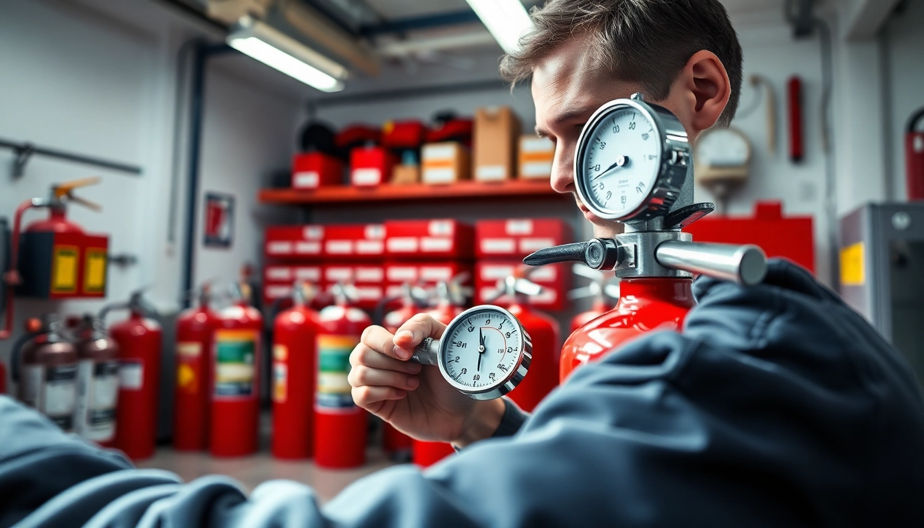Enhancing fire extinguisher servicing Lichfield in a professional workshop with a technician at work.