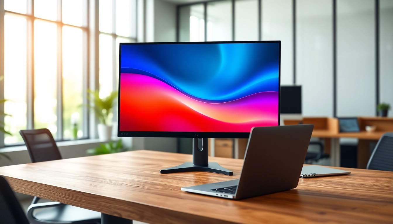 Showcase a vibrant Monitor in a sleek modern workspace enhancing productivity.