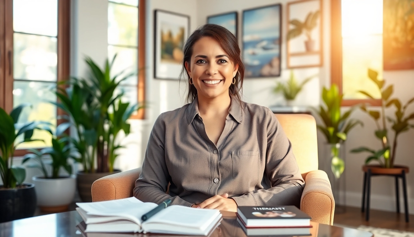 Therapist interacting warmly in a serene office environment.