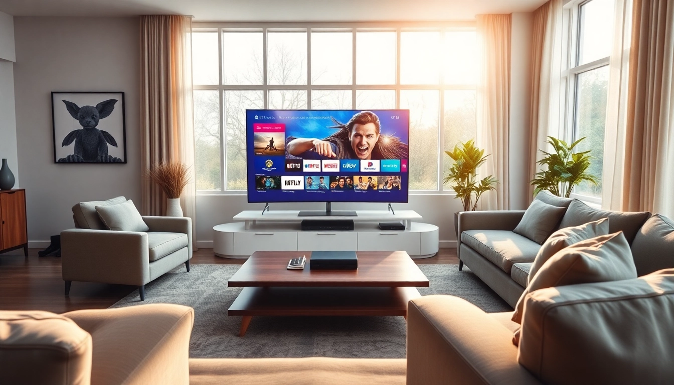 Comprar IPTV con un moderno televisor inteligente en una sala de estar acogedora.
