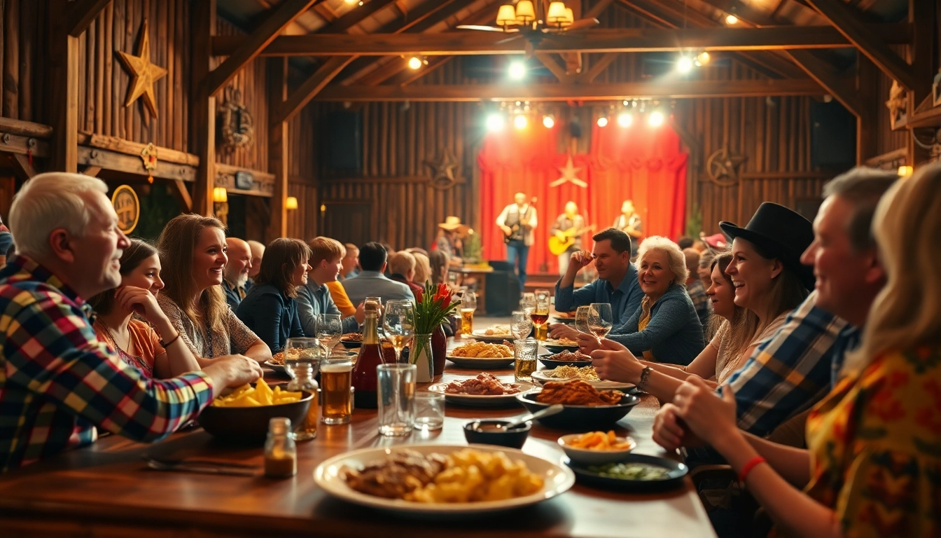 Enjoy an evening at the firelight barn dinner theater with families savoring BBQ and live performances.