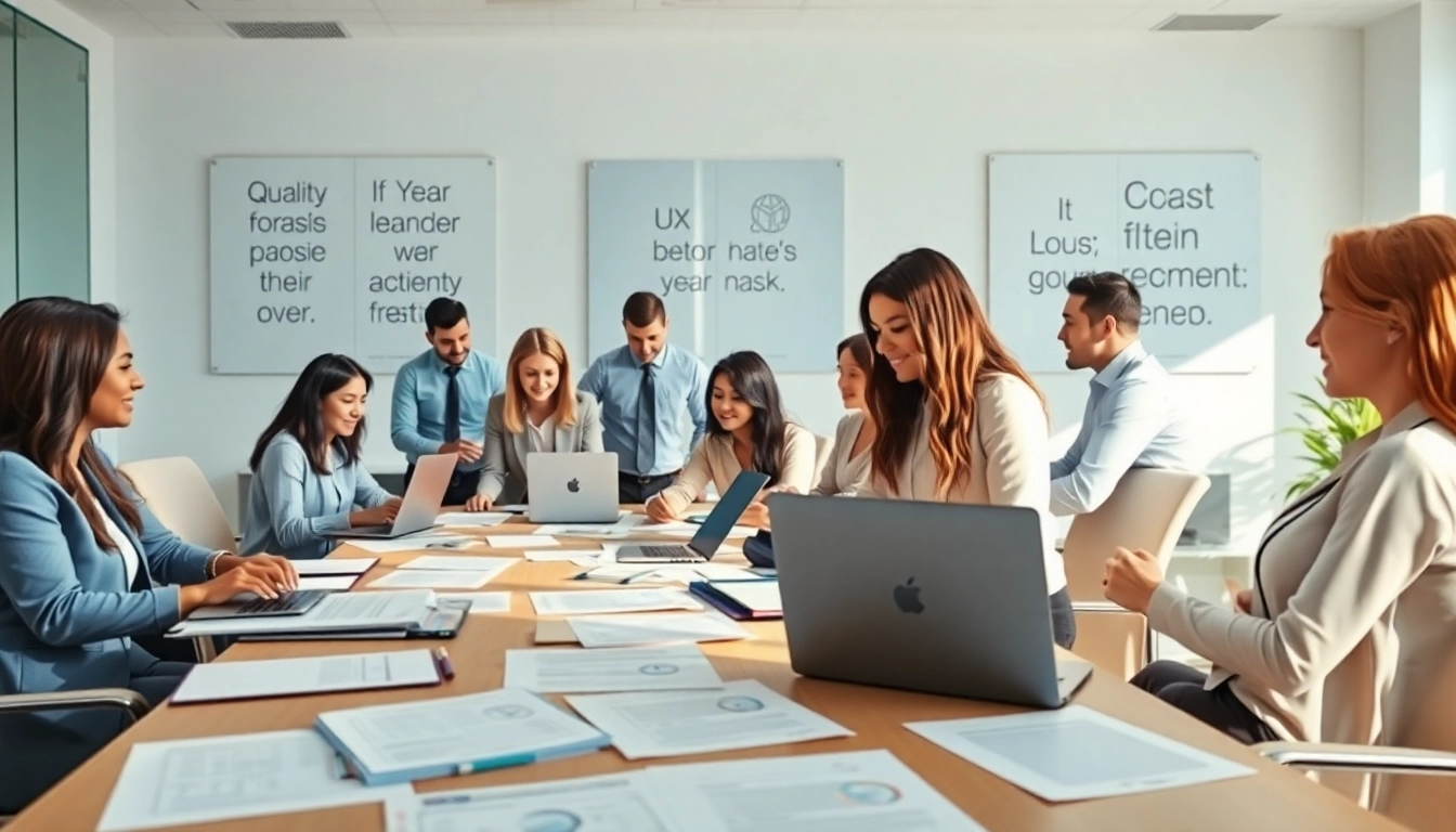 QSM document clearing services team collaborating in a bright and professional office environment.