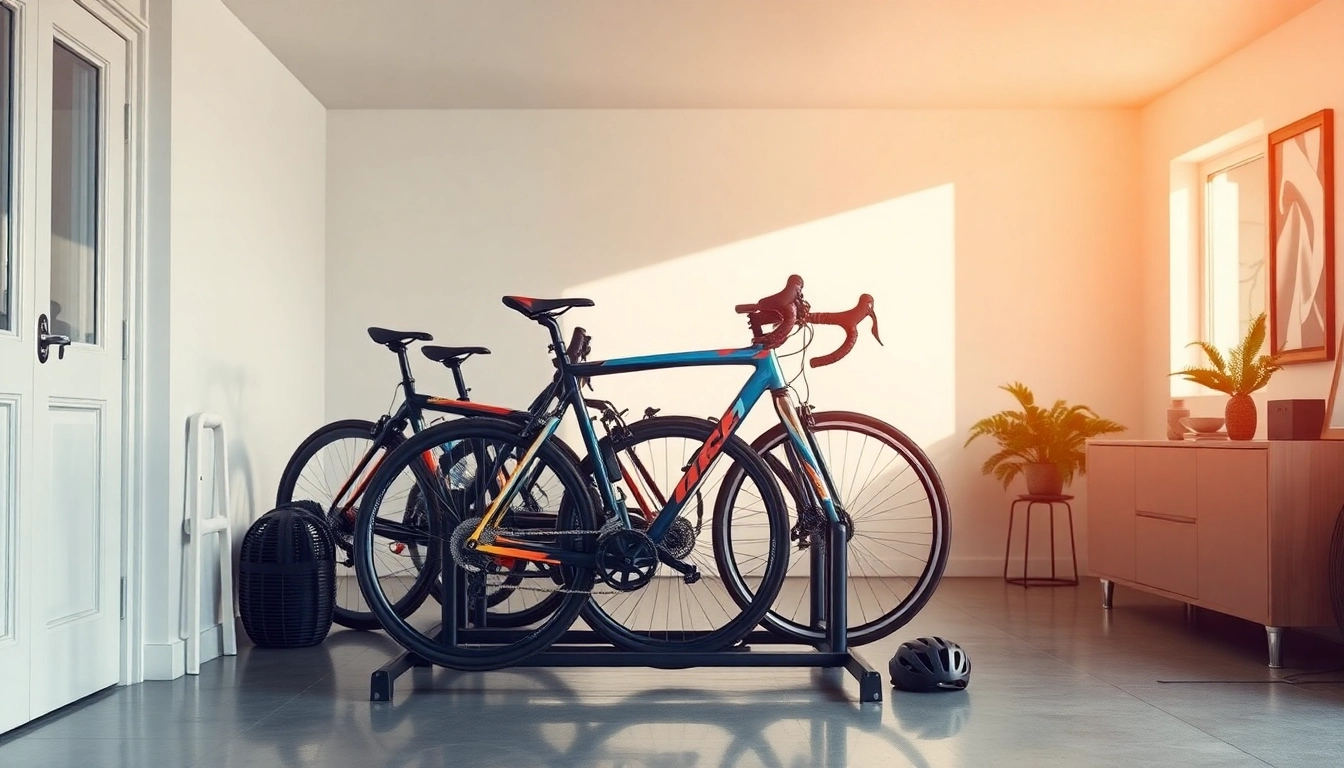 Showcasing a modern space-saving bike rack storing bicycles efficiently in a compact area.