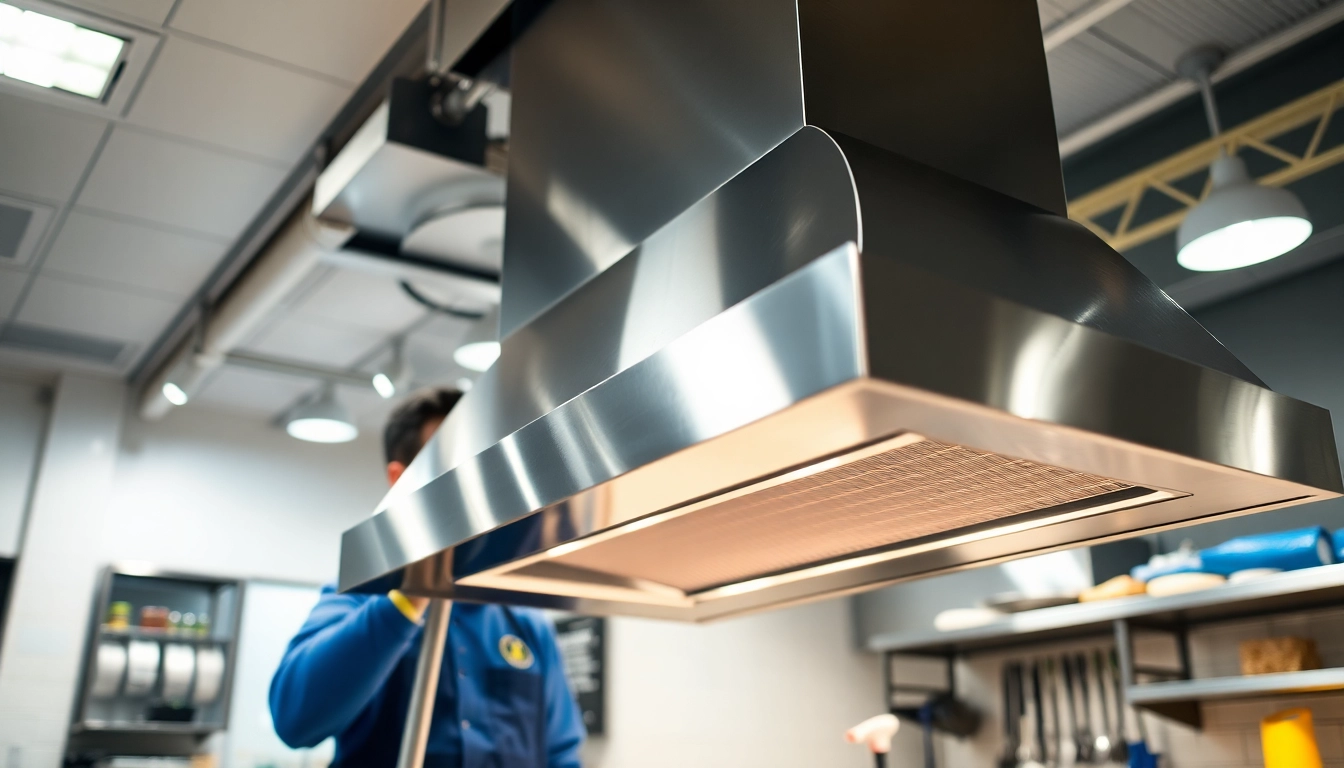 Enhance your environment with expert Restaurant Exhaust Hood Cleaning service illustrating a technician at work.