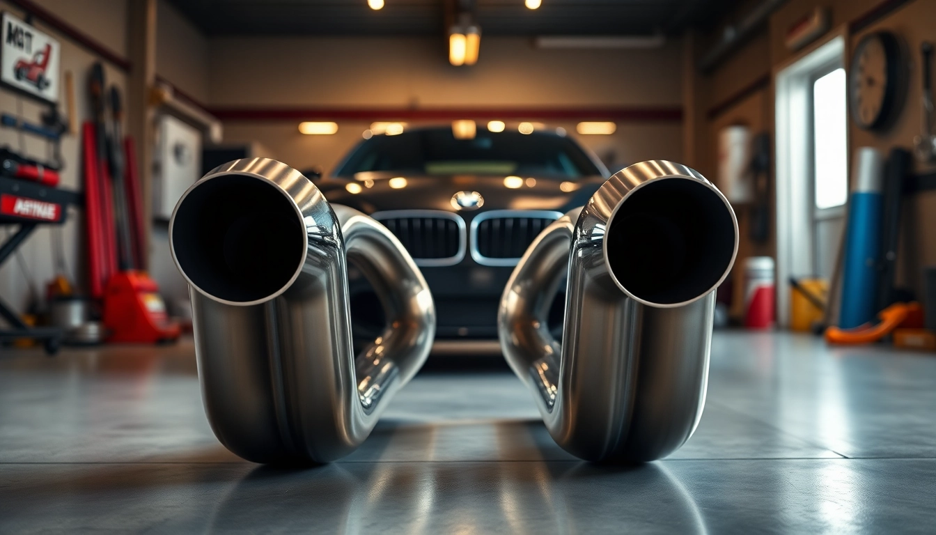 F80 catless downpipes showcased in a stylish garage, highlighting their sleek metallic design.