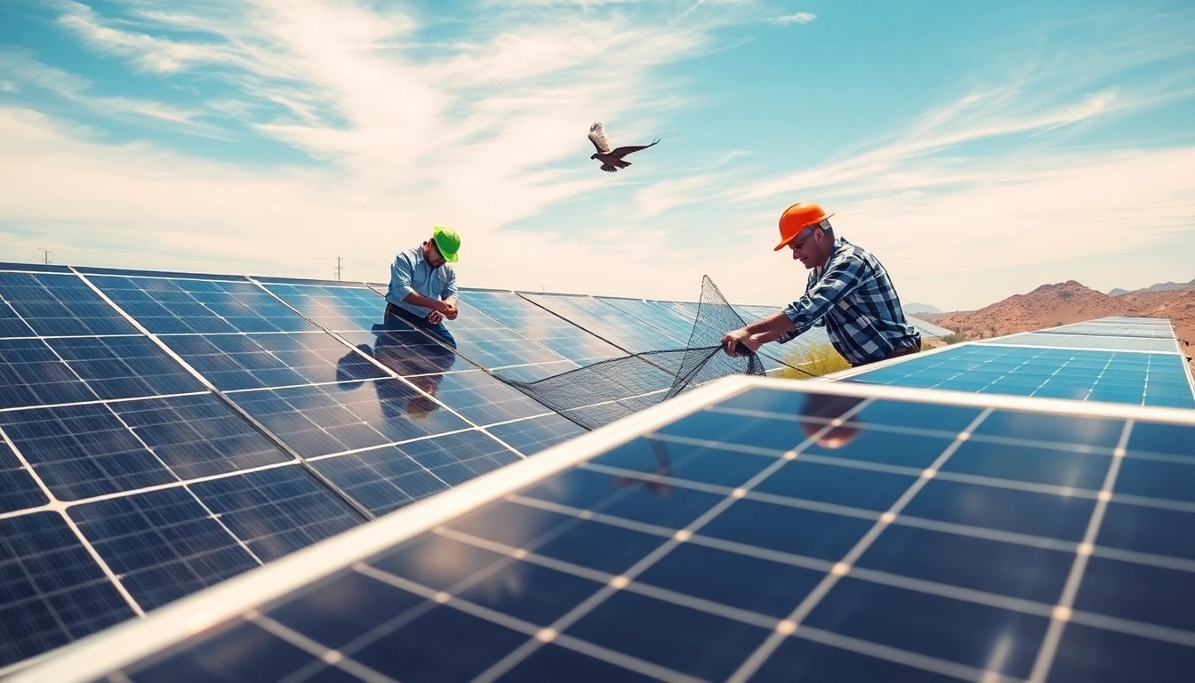 Bird proofing solar panels Phoenix installation by technicians ensuring solar energy efficiency.