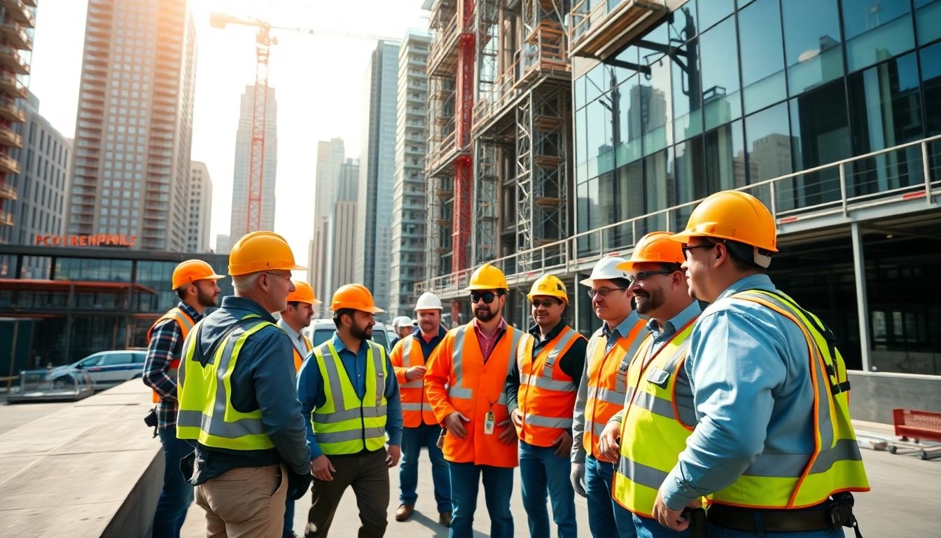 Construction team collaborating at a New York City Commercial General Contractor job site, showcasing urban industry.
