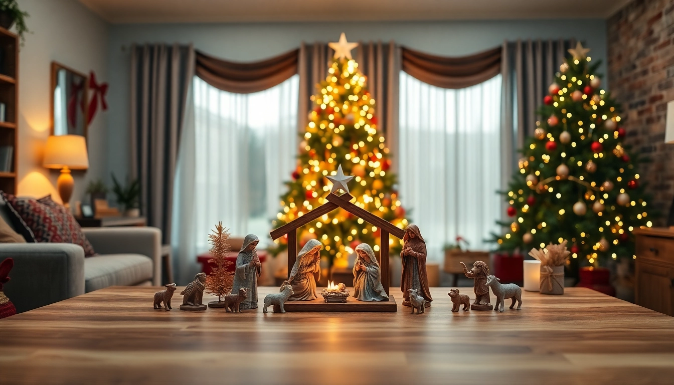 Admire stunning Nativity sets on display in a cozy holiday living room atmosphere.