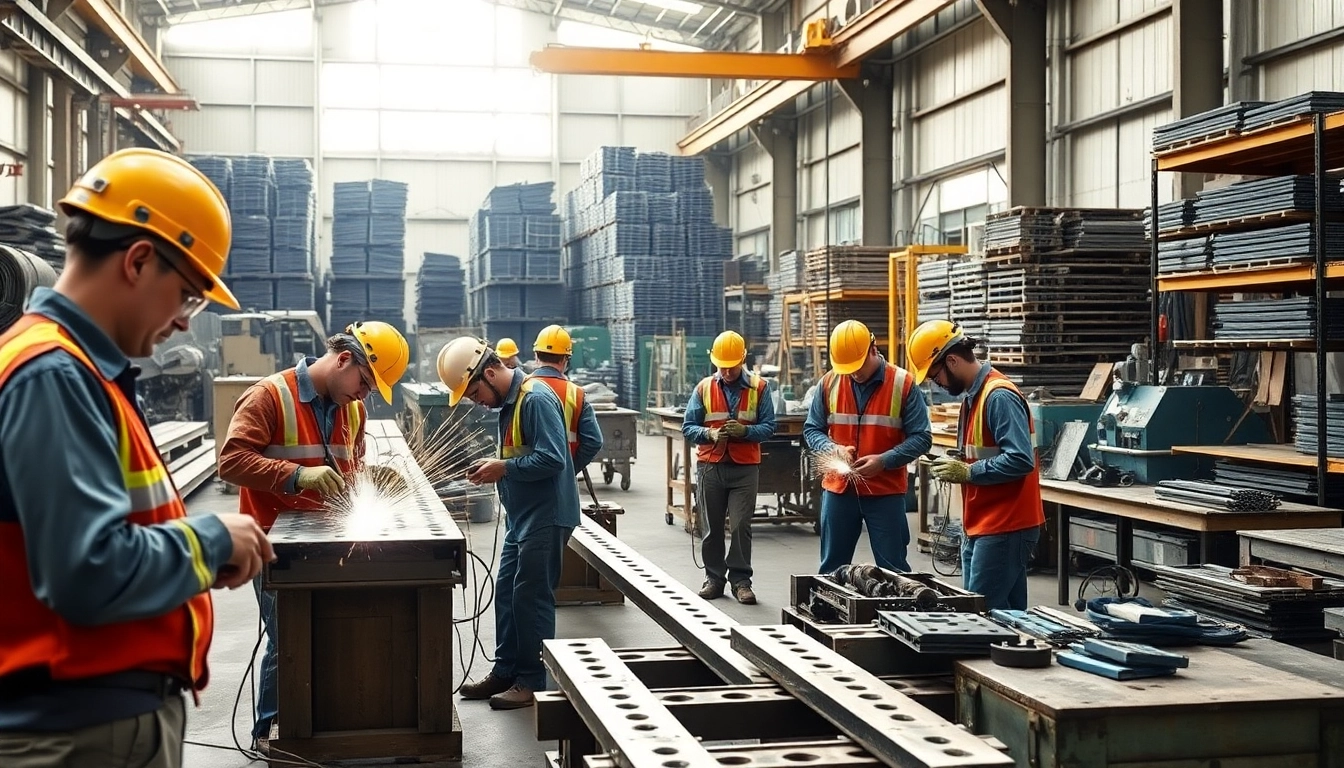 Workers at a steel fabrication shop meticulously crafting steel components in a busy industrial setting.