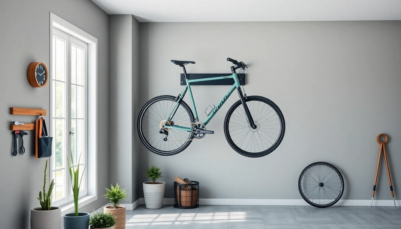 Showcase a modern compact bike storage solution with sleek design in a minimalist garage.