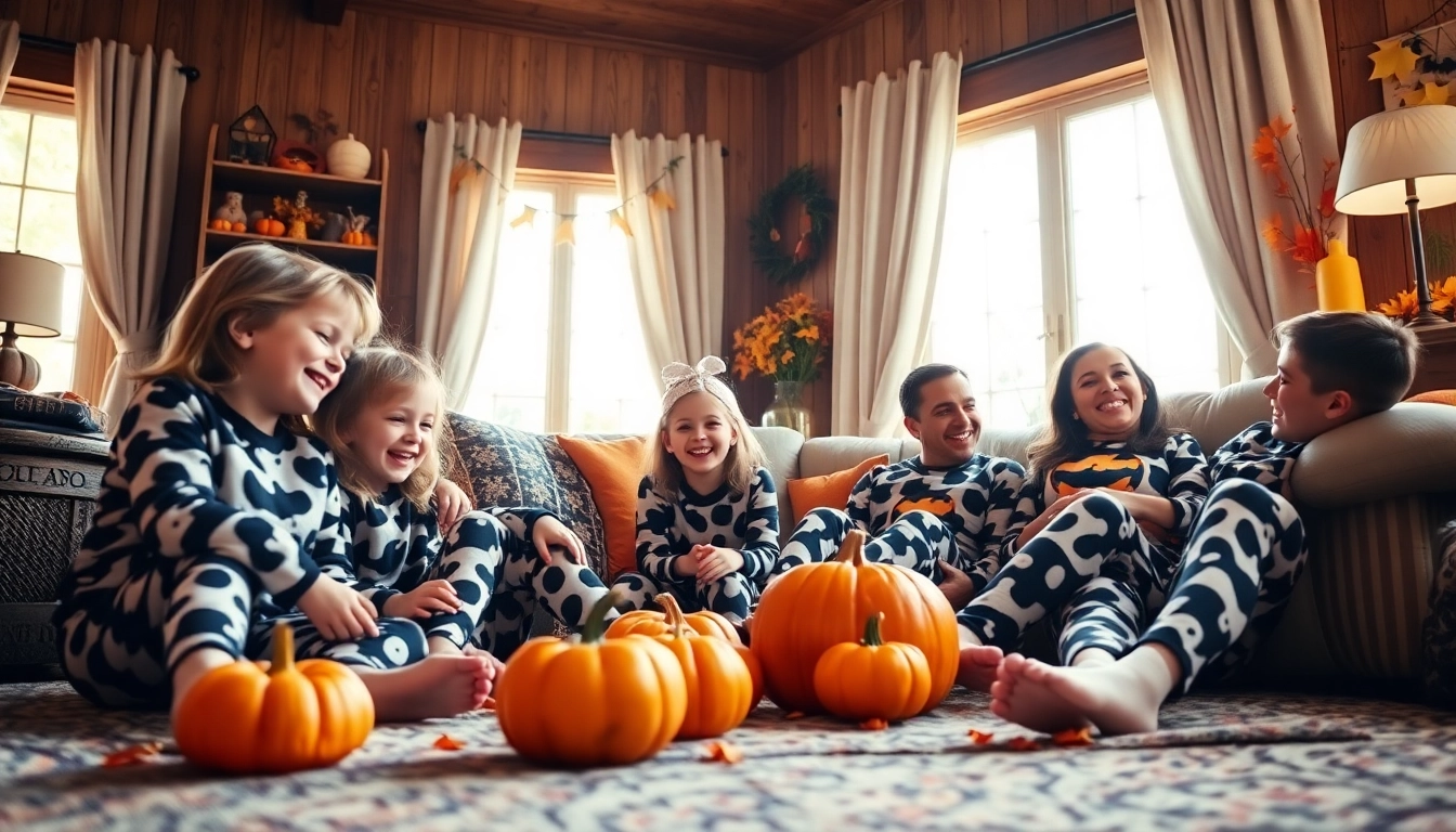 Kids joyfully wearing Halloween pj with family in a festive autumn-themed living room.