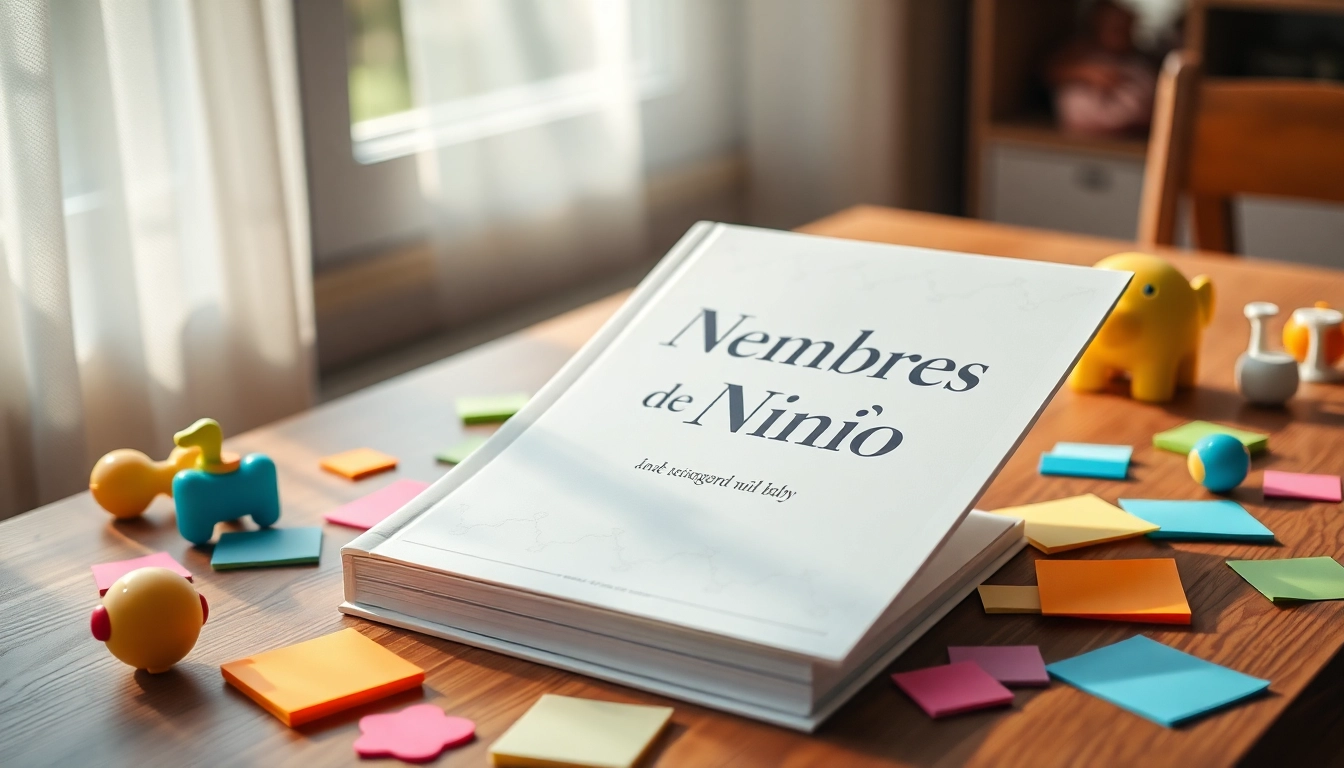 El libro de Nombres de Niño abierto, adornado con notas de colores y juguetes, crea un ambiente acogedor.