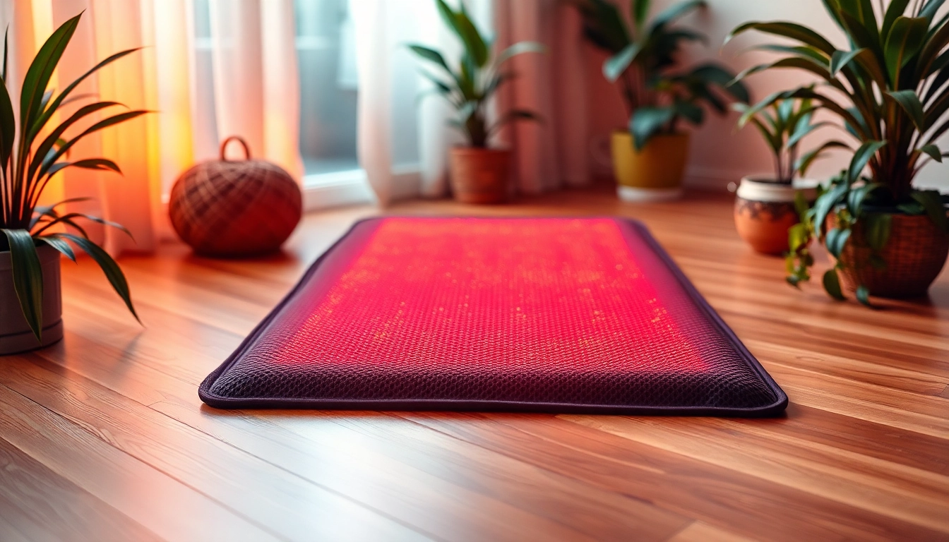 Relaxing environment with a red light therapy mat positioned on a wooden floor.