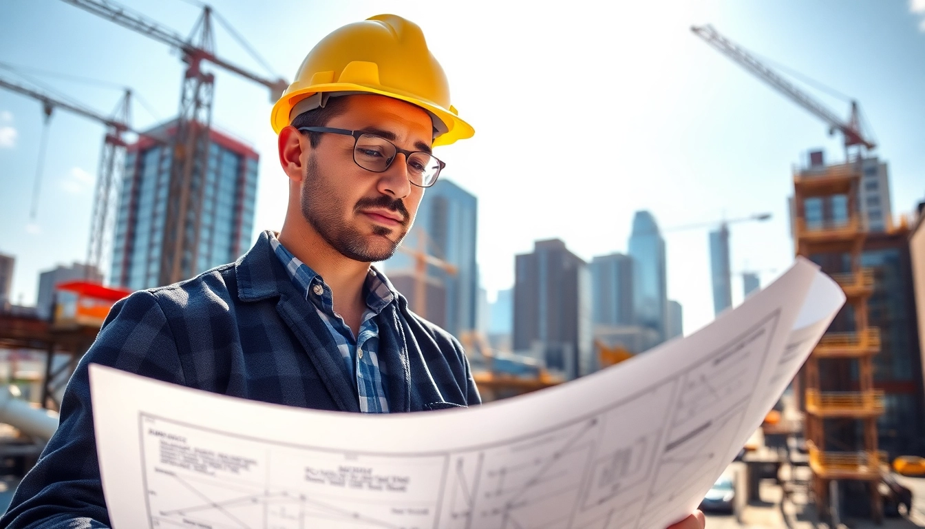 New York Commercial General Contractor supervising construction plans on a bustling site.